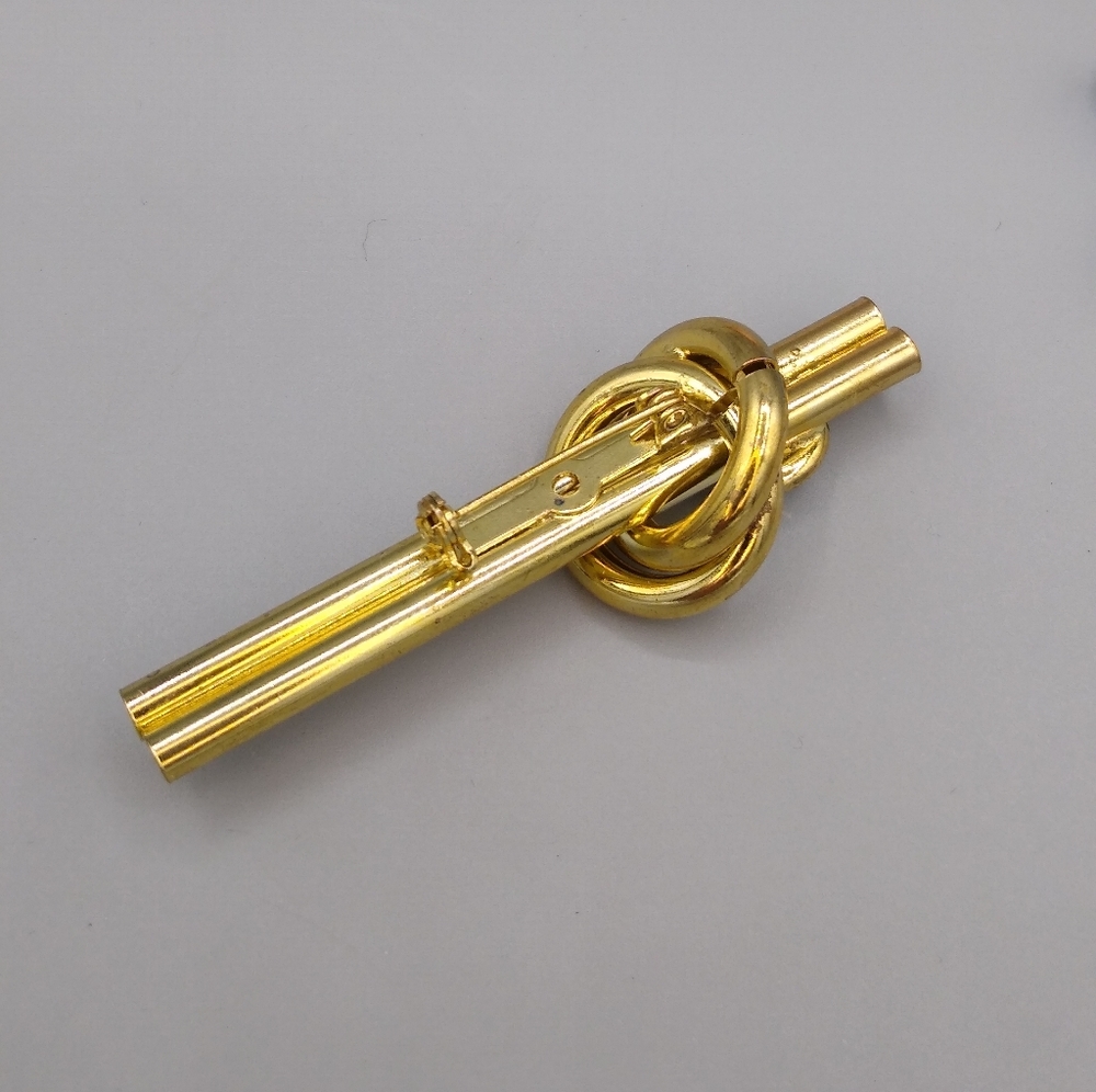 Gold Knot Bar Brooch Rhinestone Double Barrel Vtg - Picture 11 of 15
